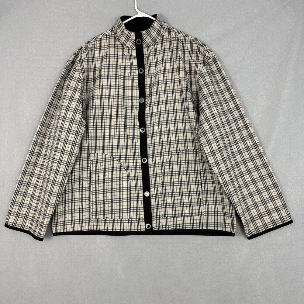 Pak-A-Jak Jacket Womens‎ XL Beige Black Plaid Snap Front Stand Collar Polyester